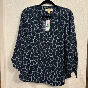 Michael Kors Giraffe Print Tie-Sleeve Blouse Women's L Navy Blue
